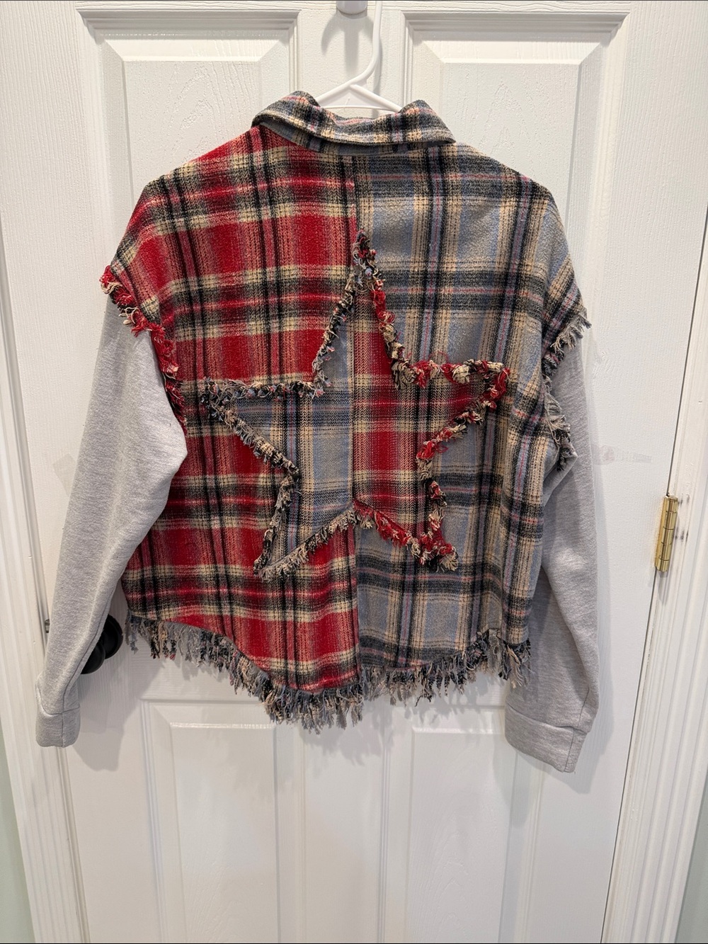Dance & Marvel Red & Gray Plaid Fringe Mixed-Media Jacket NWOT